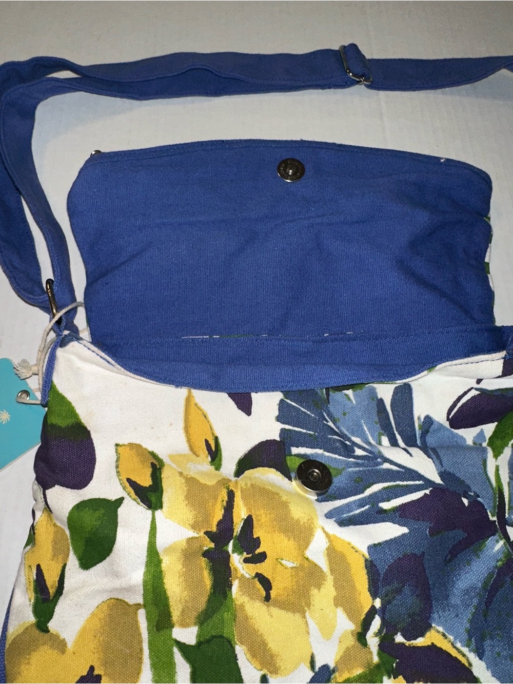 Caribbean Joe Crossbody Bag Blue Yellow Tropical Palm Print Canvas Shoulder Bag - Picture 3 of 6
